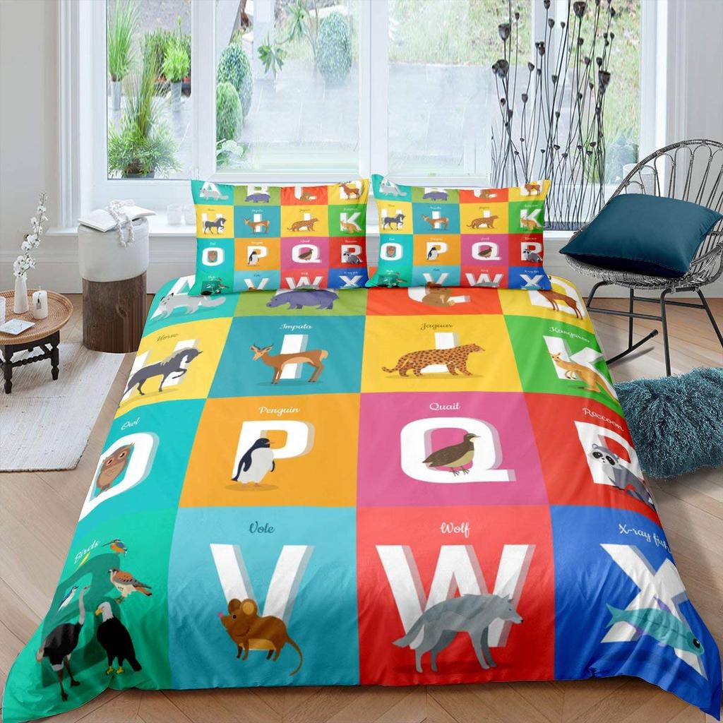 Kids Alphabet Duvet Cover Set Polyester Digital Pattern Bedding Twin Size Hand Painted Educational Quilt Cover