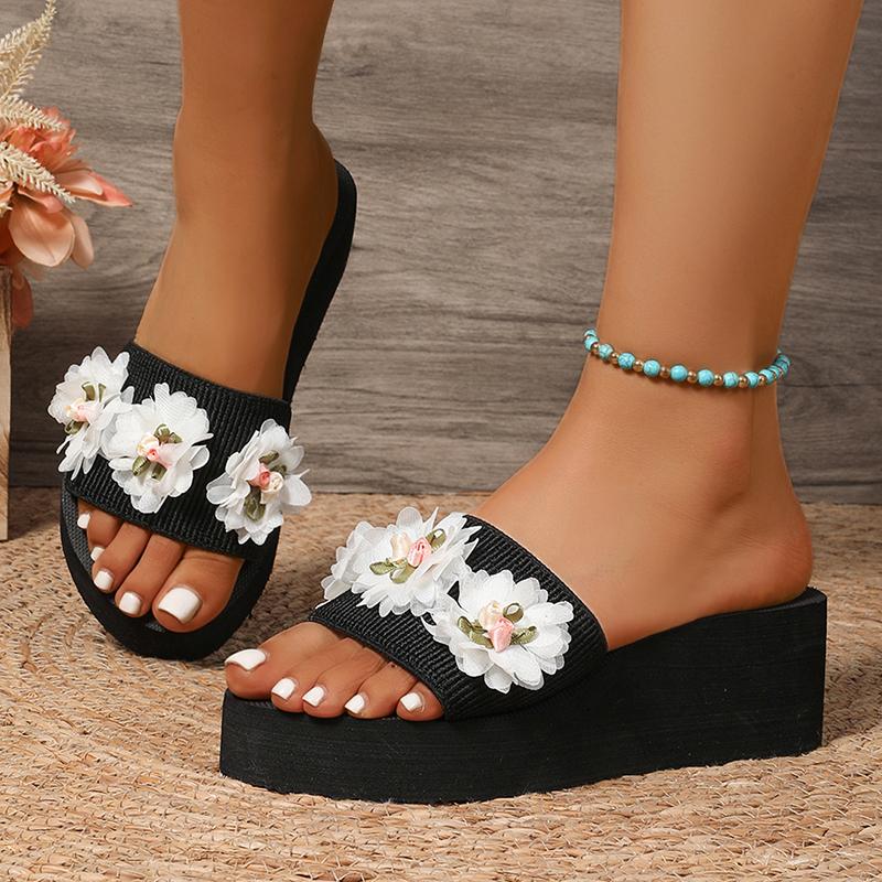 Fashion Fashion Flowers Decor Wedge Slippers Women 2025 Summer Knit Thick Sole Slides Woman Lightweight Platform Beach Vacation Sandals