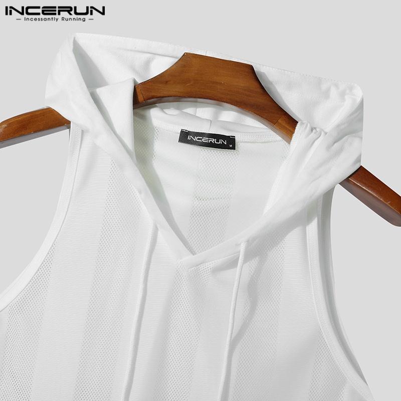 INCERUN Men Sleeveless Striped Transparent Mesh Sheer Hooded Tank Tops