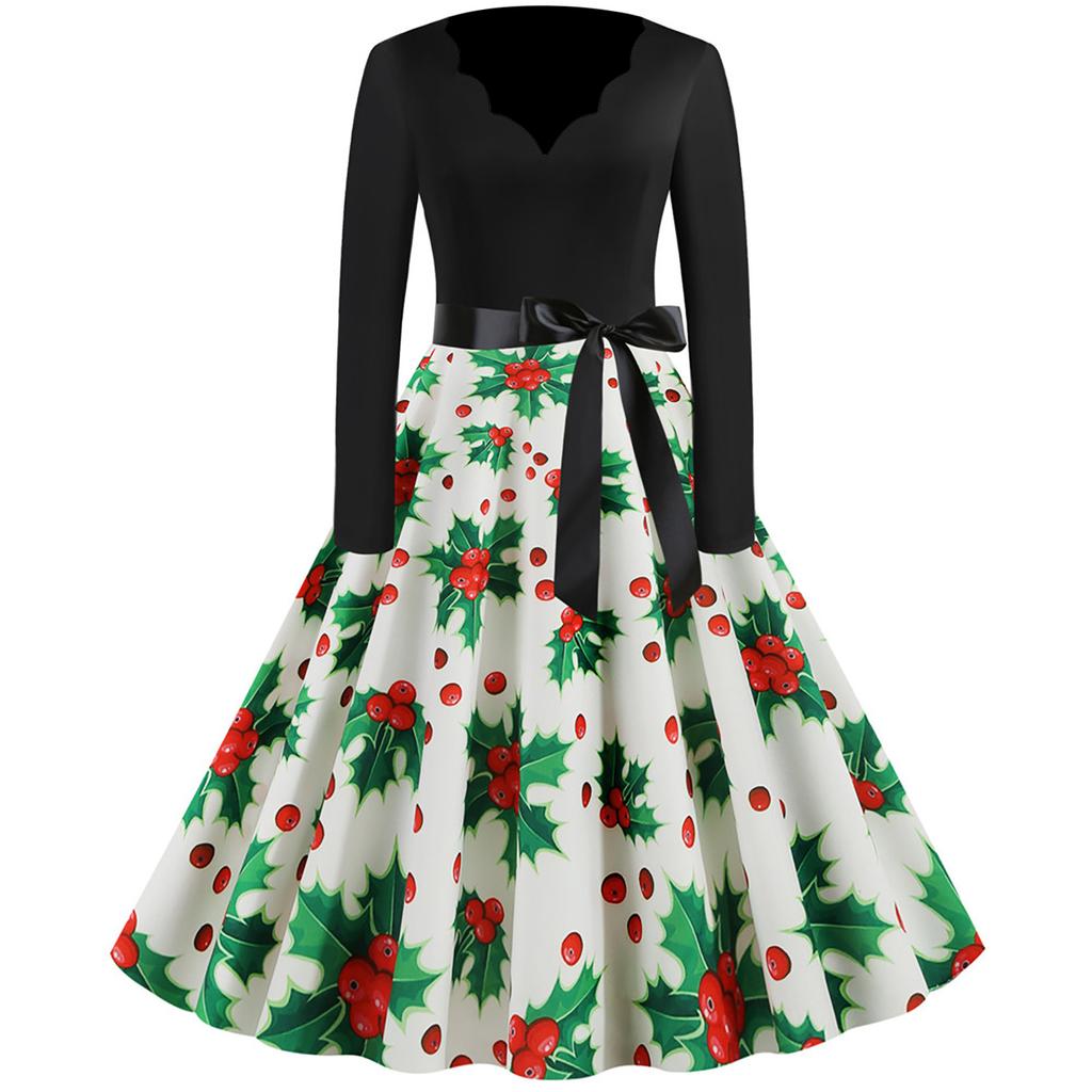Women's Fashion Long Sleeve Christmas Round Neck Print Hem Dress