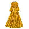 Lace Splicing Hollow Pleated Dress Women's Long-sleeved High-waisted A-shaped Skirt Big Pendulum High-elastic Long Dress