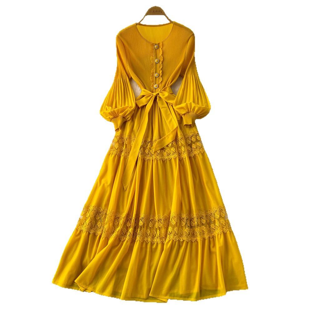 Lace Splicing Hollow Pleated Dress Women's Long-sleeved High-waisted A-shaped Skirt Big Pendulum High-elastic Long Dress