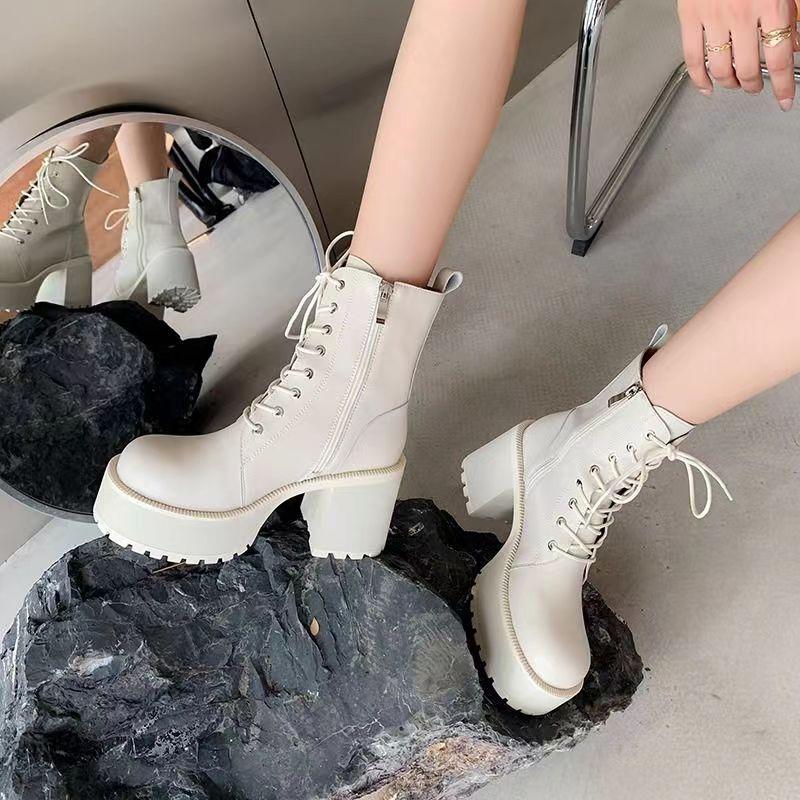 Round Head Thick Heel Lace-up Martin Boots Women's High Heel Waterproof Platform Platform Platform Short Boots Small Retro Soft Leather Boots Women