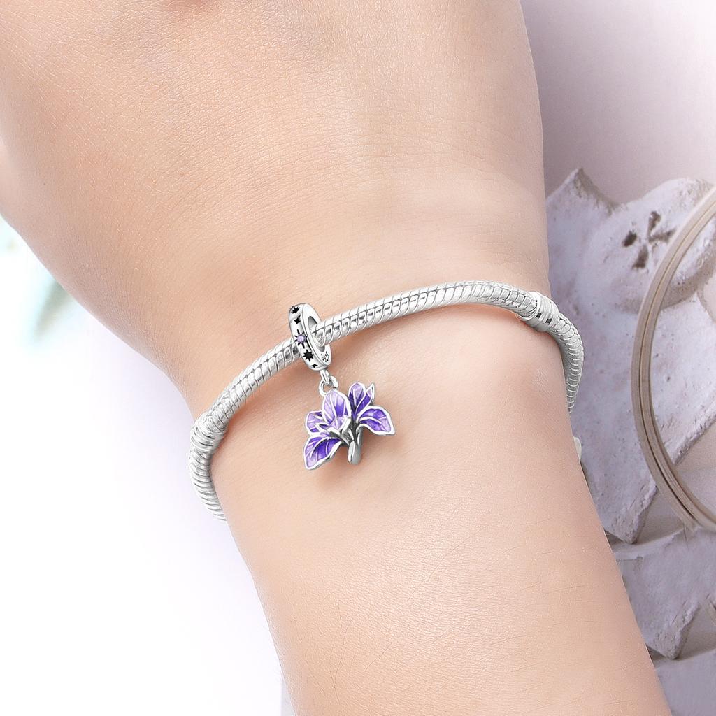 PANPOKI 925 Silver Iris Flower Pendant Charm Bracelet Jewelry DIY Trendy Gift for Women Party Beads