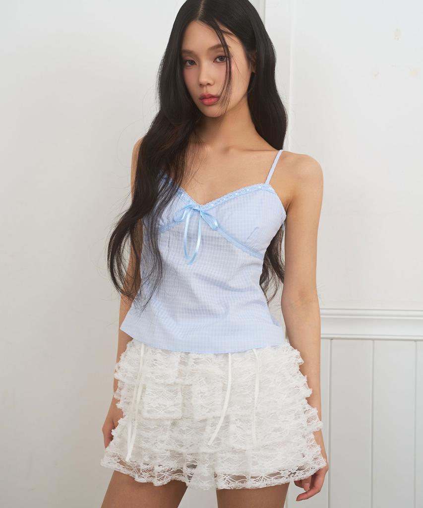Limekeu Check Shirred Lace Ribbon Camisole Blue