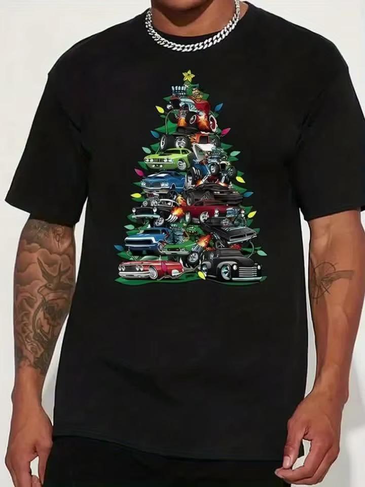 Mens Vintage Christmas Car Tree Print TShirt Black Retro Automotive Holiday Tee with Classic Cars Soft Round Neck Casual