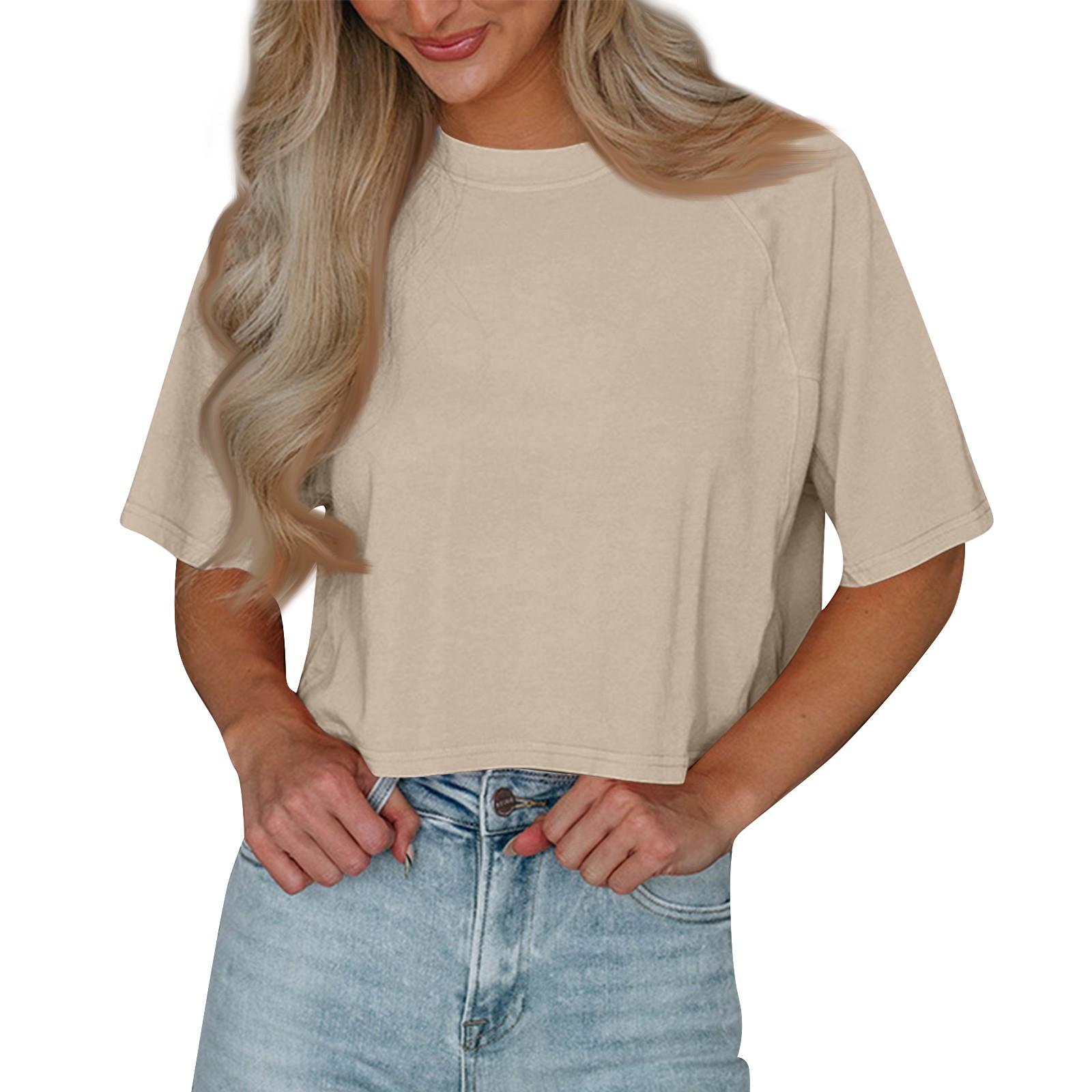 

Женская новая летняя рубашка с коротким рукавом и круглым вырезом, однотонная, свободная, укороченная, сексуальный пуловер, футболка, куртка S хаки