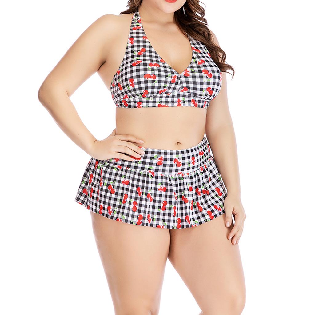 Women Plus Size High Waist Swimwear Plaid Print Swimsuit Push Up Padded Bikini
