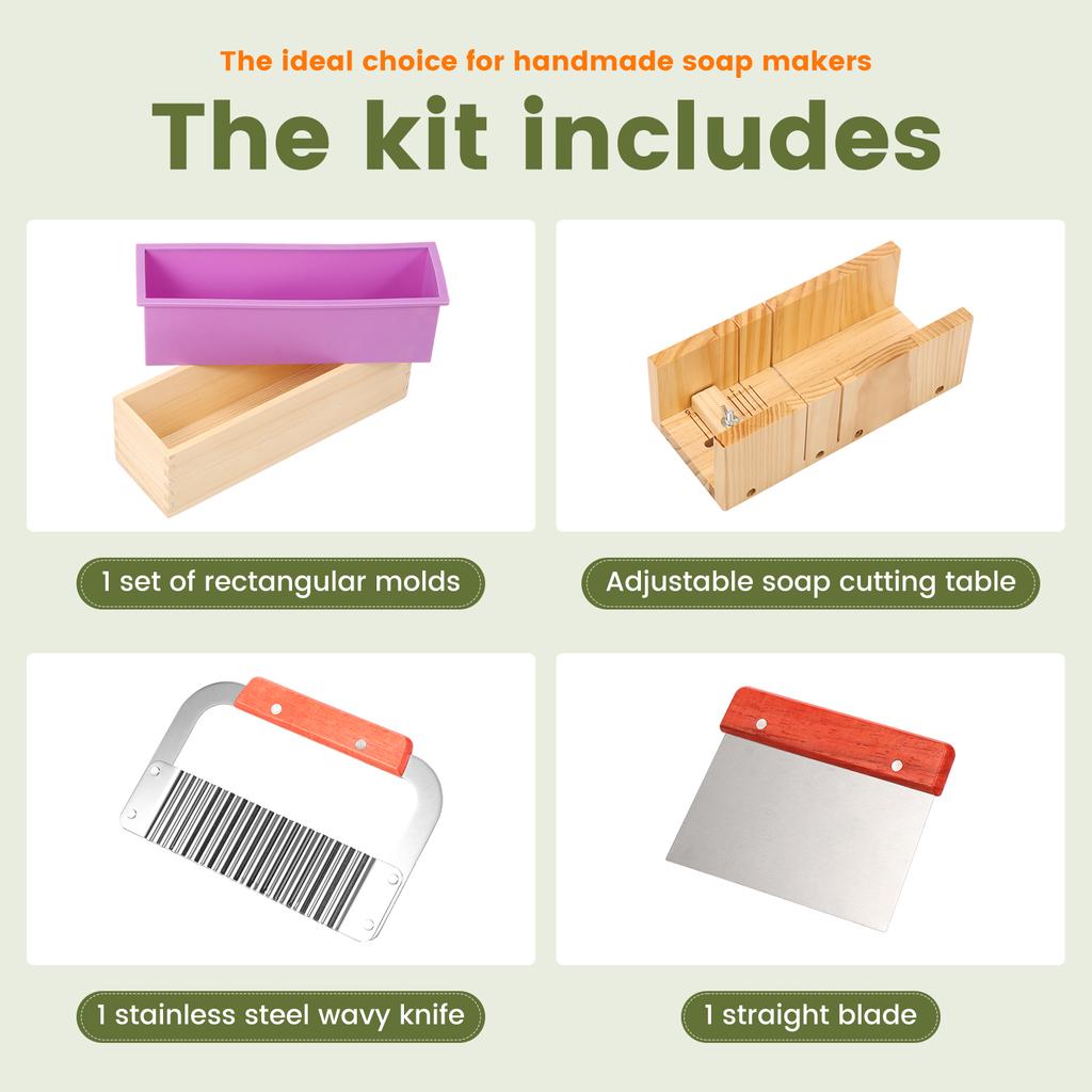 1Set Silicone Soap Making Kit Wooden Mould Soap Crafting Set with Stainless Steel Wave and Straight Cutter for Soap Making Tools