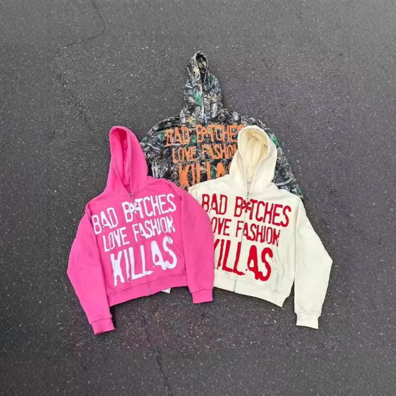 European and American retro street hip-hop letter printed men's and women's loose cardigan hooded sweatshirt Y2K