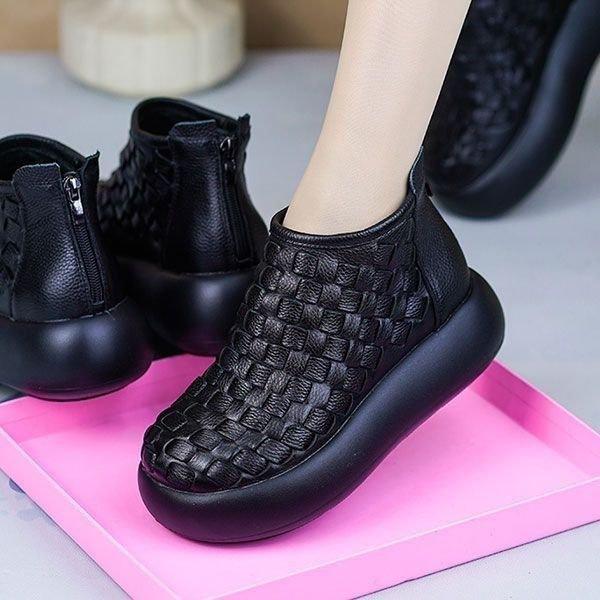 Foreign Style Thick-soled Woven Pattern New Martin Boots Women's 2025 Autumn and Winter Round Head Retro Height-increasing Short Tube One-pedal Leathe