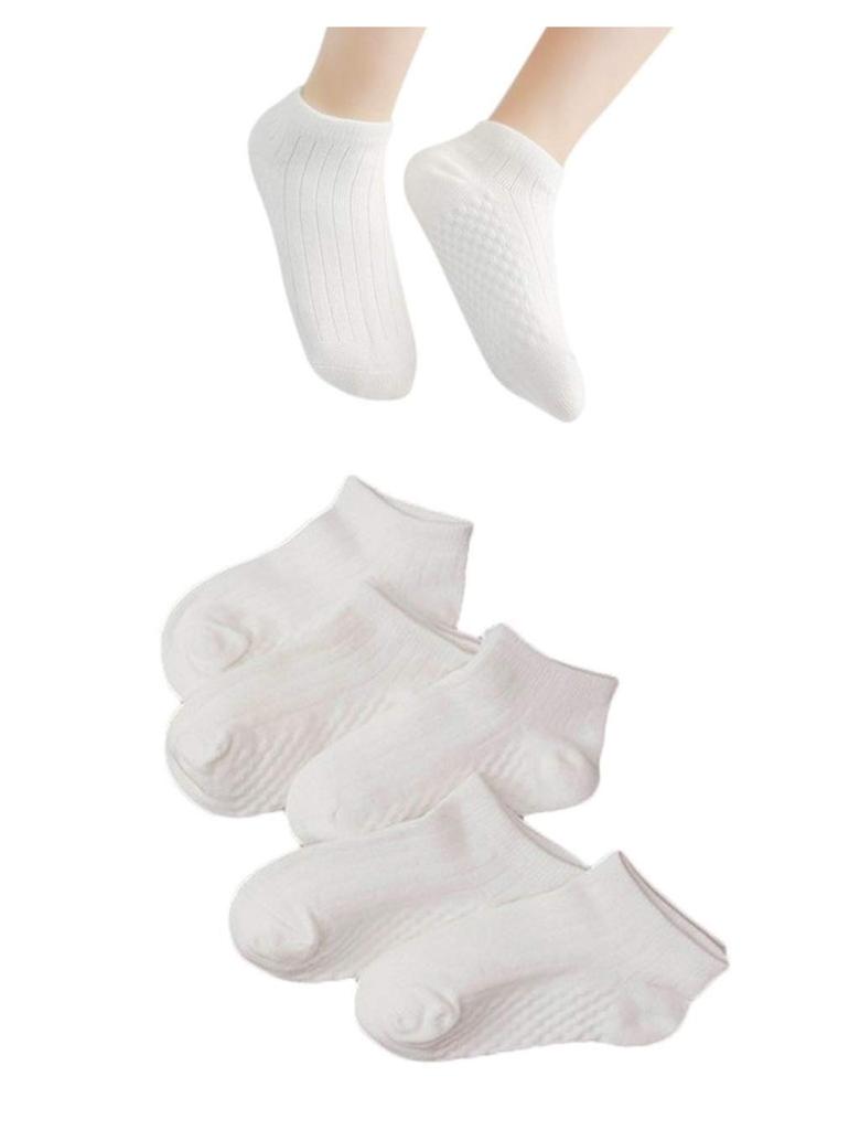 YuMEET School Simple Sizes 5 L Socks, Unisex, Kids, 100% Cotton, Striped, Plain, Cute, Girls, 5-Pair Set, 19-22cm, White, Short, Pairs,