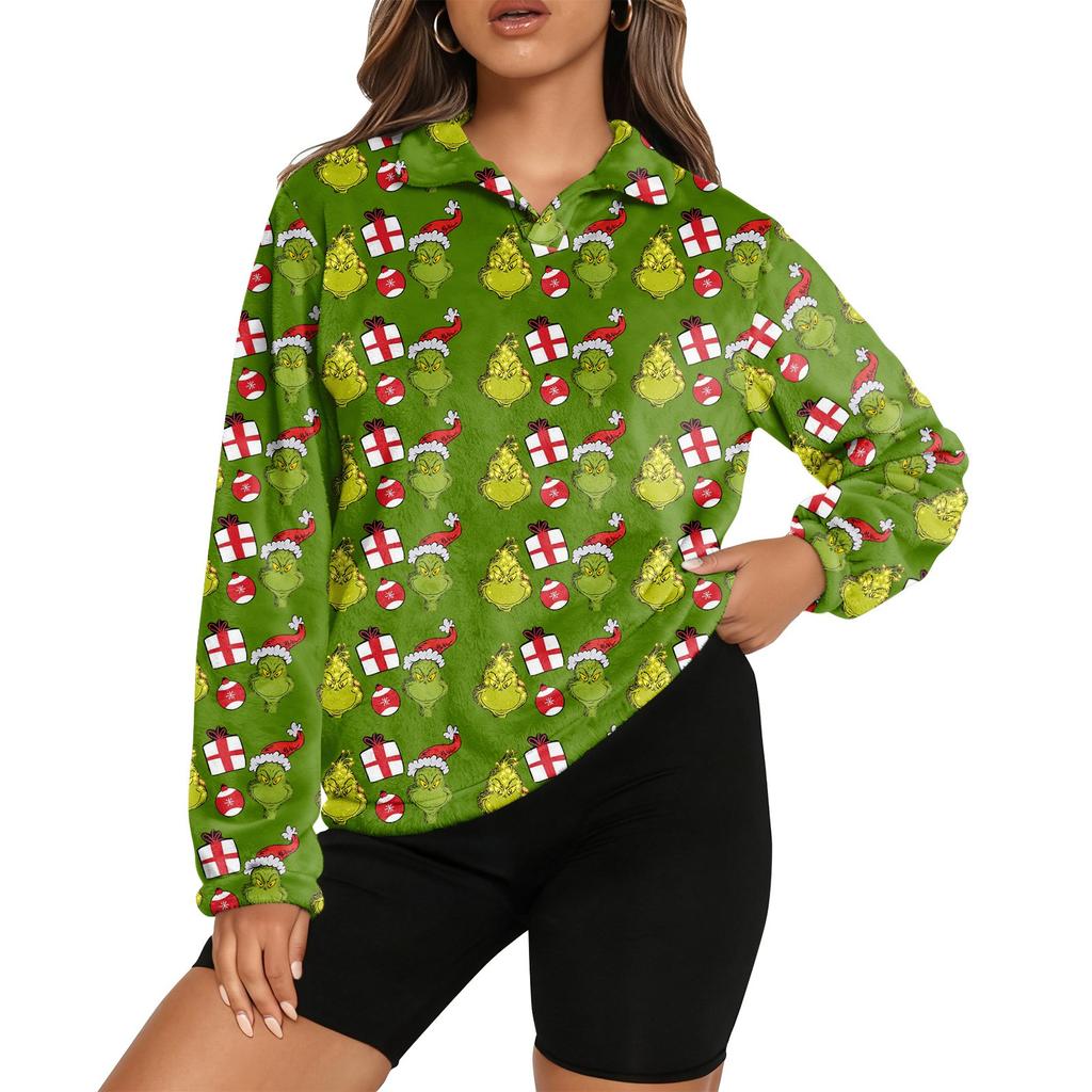 Women's Stand Collar Pullover Long Sleeve Top Christmas Print Sports Top