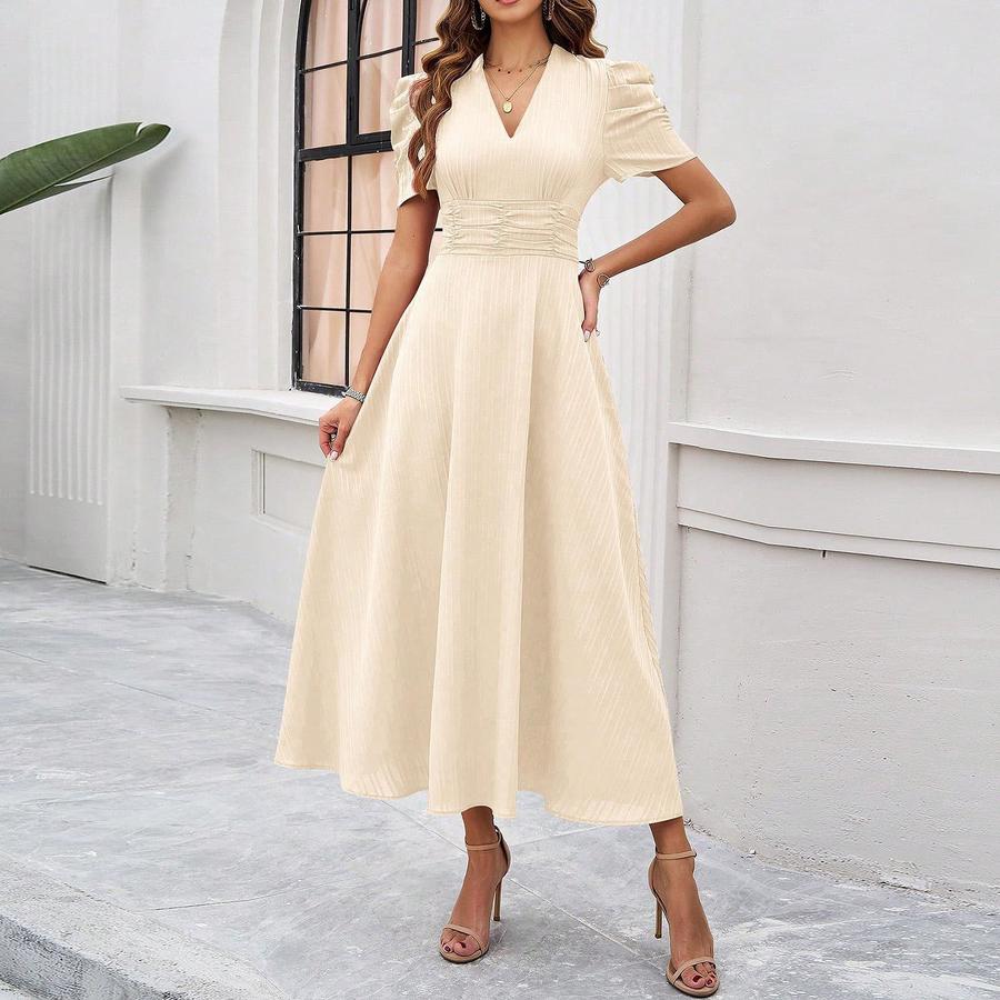 Summer Women's Fashion Chic High Waist Solid Short Sleeve Ruched Dress
