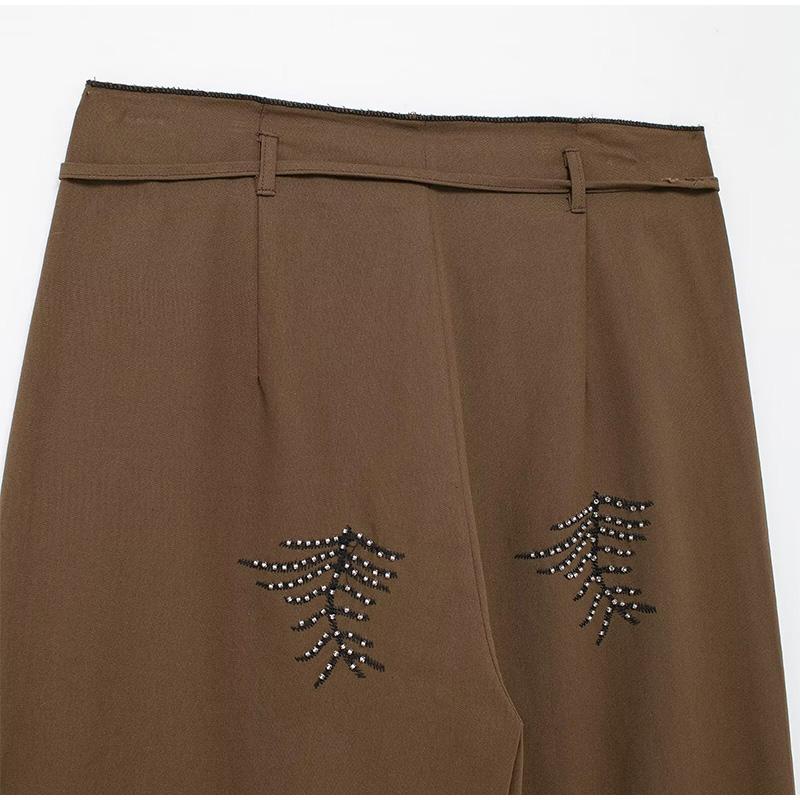 Mode Stickerei Hosen Frauen Retro Mittlere Taille Breite Bein Schnürhose Weibliche Sommer Herbst Lose Street Pant