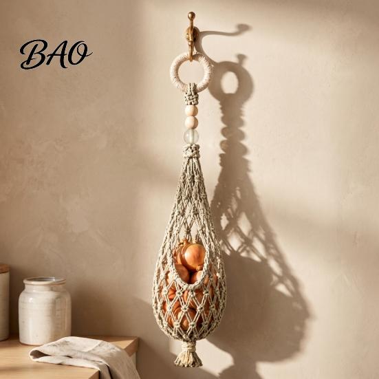 Onion And Potato Storage Keeper Handwoven Cotton Rope Mesh Bag, Wall-Mounted Bohemian Style Organizer, Hanging Fruit Vegetable Hammock Breathable