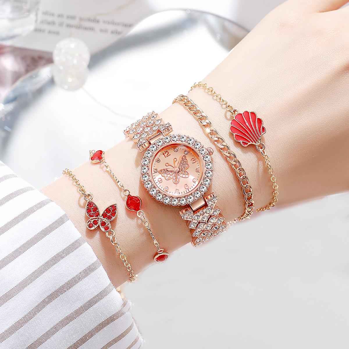 

Без подарочной коробки Новые женские часы универсальный циферблат с бабочкой набор аксессуаров из пяти предметов Подходит для праздничных подарков розовый