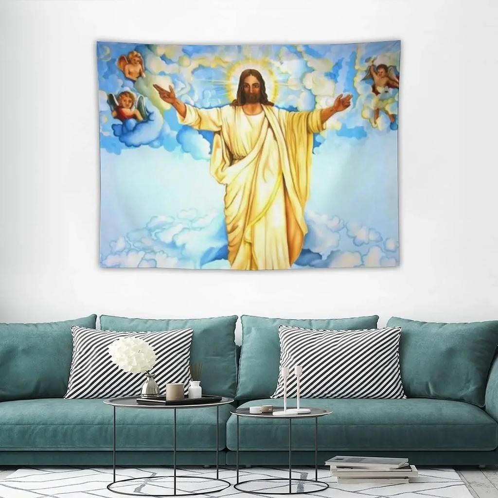 Jesus Christ Tapestry Lord and Angel Heaven Tapestry Wall Hanging Merry Christmas Tapestries for Bedroom Living Room Dorm Decor