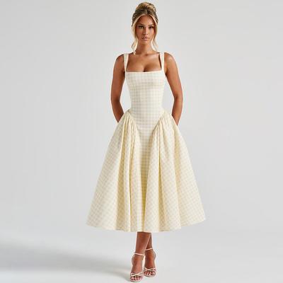 Square Neck Spaghetti Strap Midi Dress Backless High Waist Flared Swing Skirt With Side Pockets Elegant Summer Vacation Princess Sundress