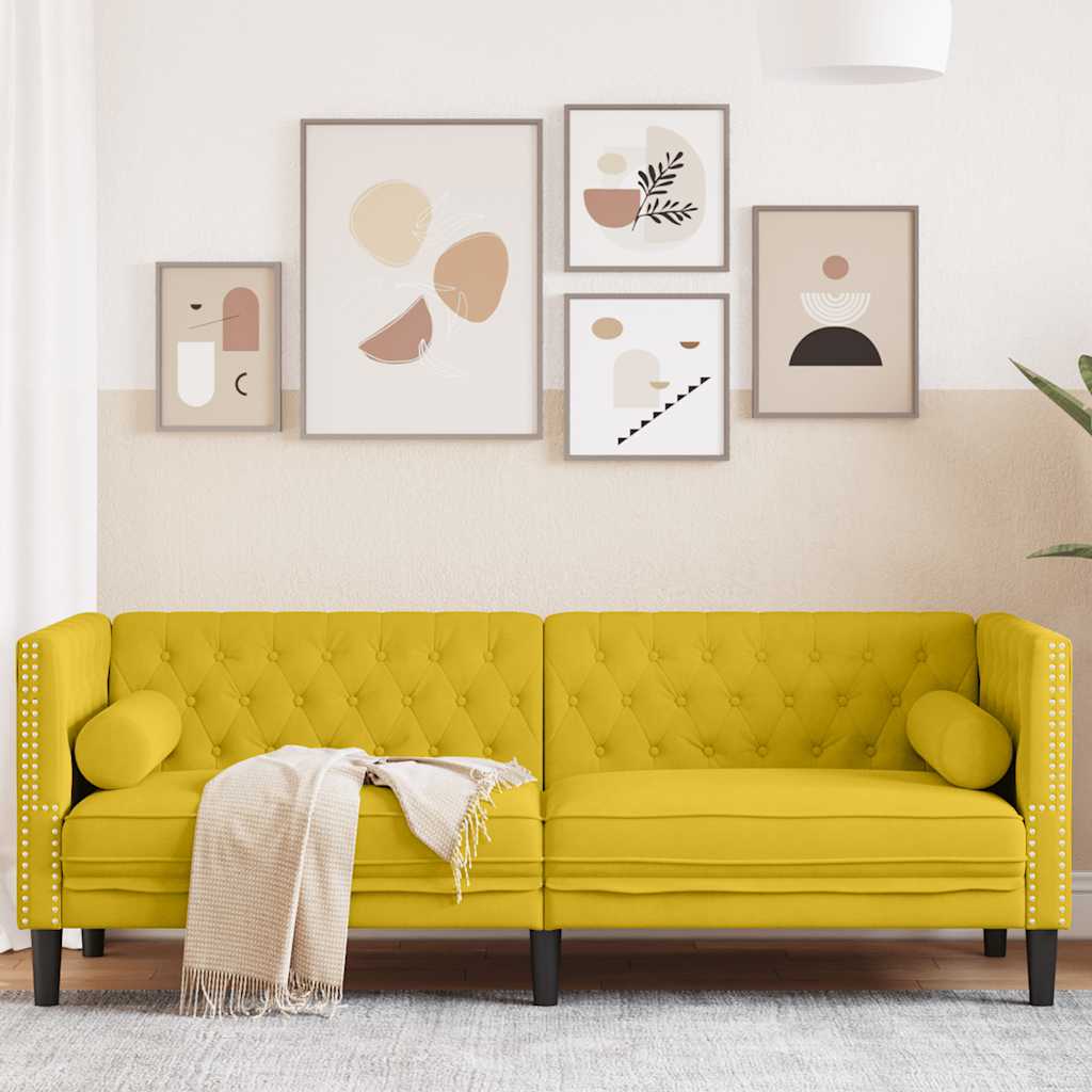 Chesterfield Sofa with Neck Pillows 3 Seater Yellow Velvet