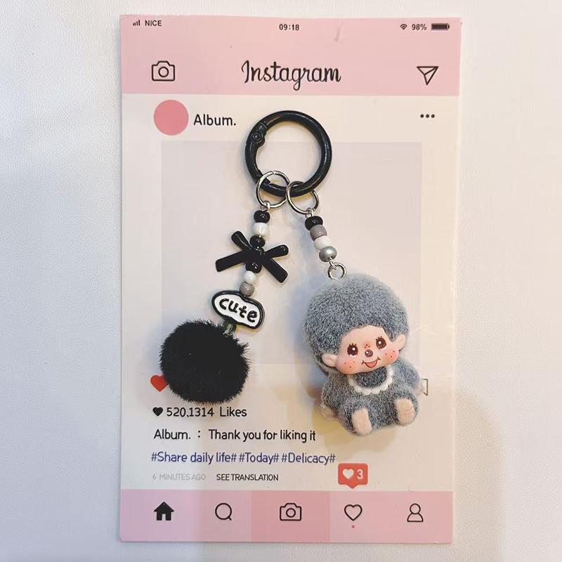 Resin Flocking Monchichi Keychain Cute Monkey Baby Trendy Keyring Cartoon Pendent Keys Bags Hanging Accessories Small Gifts