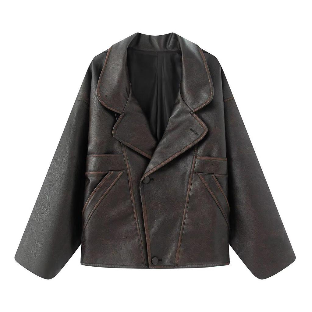 European & American Style Women's PU Leather Three-Button Jacket with Turn-Down Collar