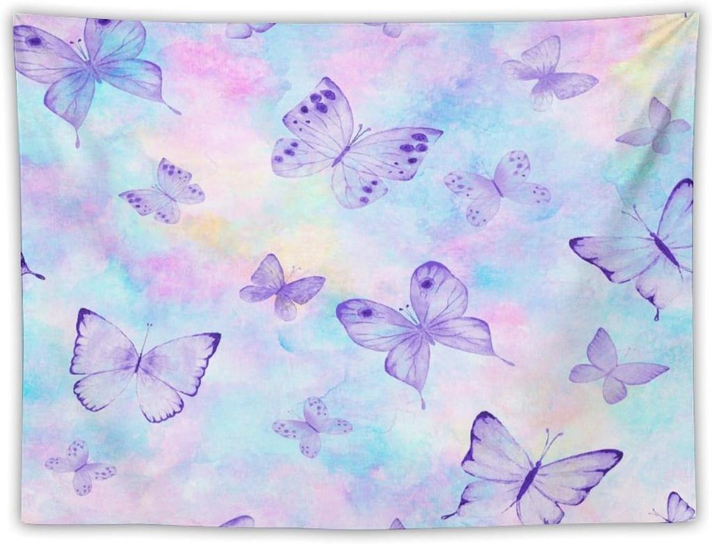 Traumschmetterling Wandteppich Lila Tuschemalerei Schmetterlinge Kinder Mädchen Wandteppiche Heimdekoration für Wohnzimmer Schlafzimmer