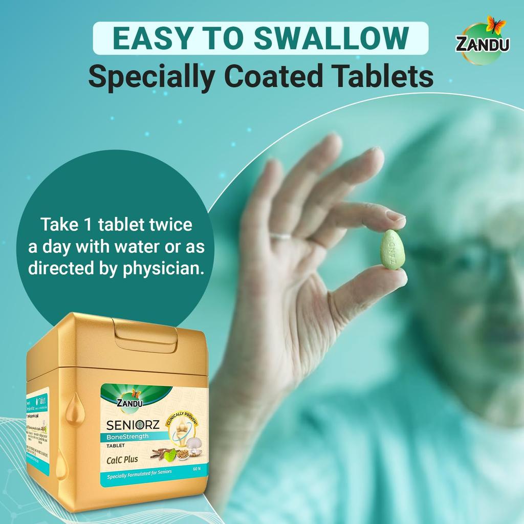 Zandu Seniorz BoneStrength Tablet 60 Tablets for Seniors with Natural Calcium & Vitamin D3 for Strong Bones