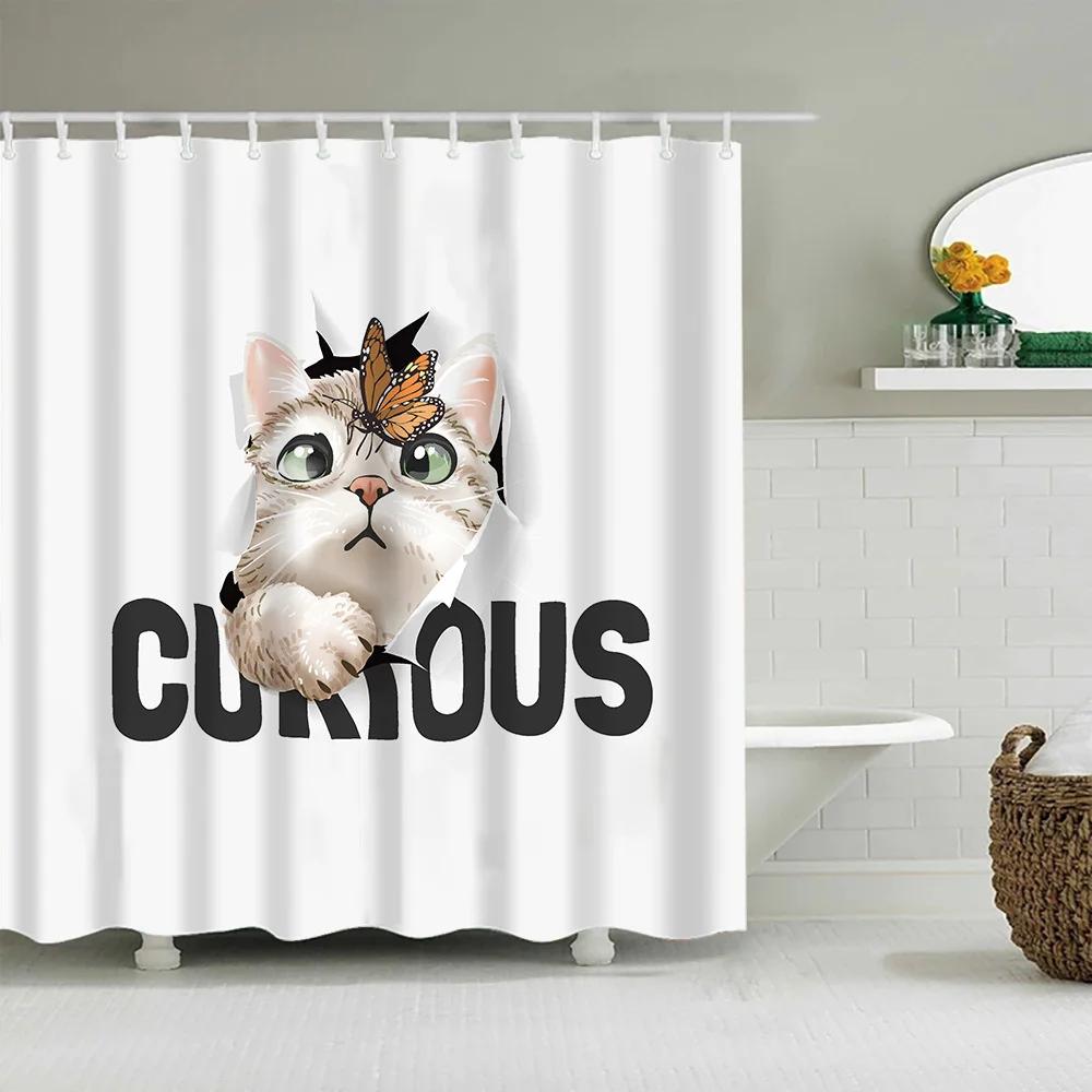 Cute Puppy Cat Cartoon Shower Curtain Waterproof Polyester Fabric With Hooks Washable Bathroom Decor Partition