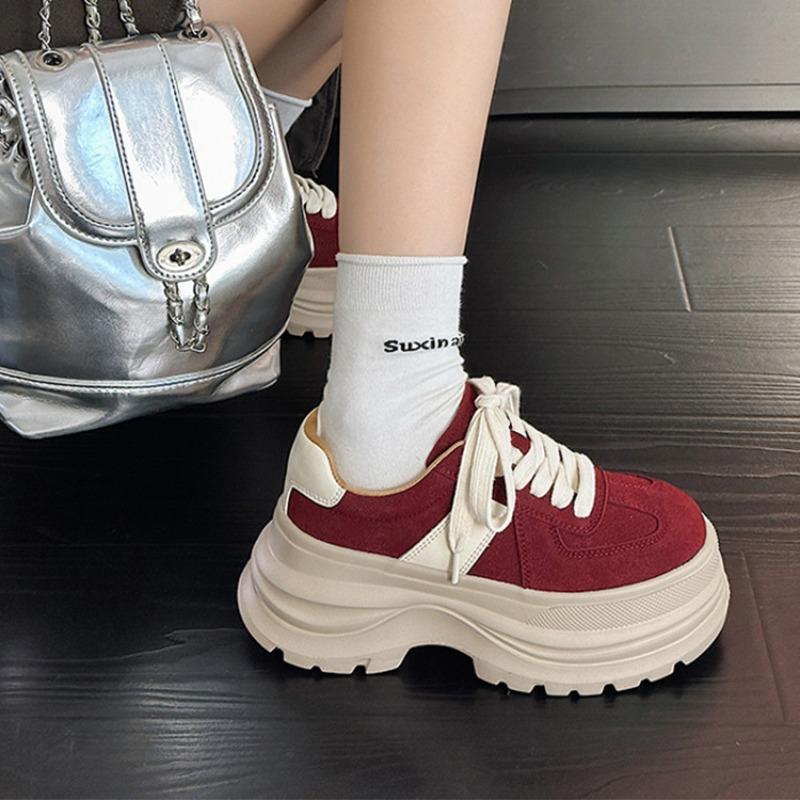Leather German training shoes women s thick-soled small man increases height, lightweight soft-soled casual shoes versatile Forrest Gump shoes 35 бордовый