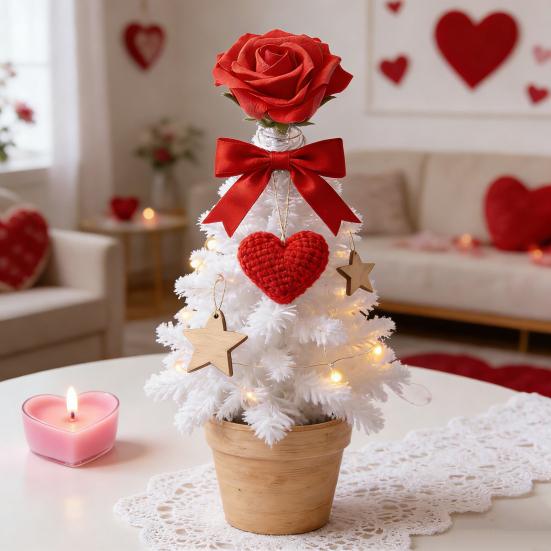 Alla hjärtans dag-trädknäppning Röd rosträdknäppning med spiraltrådbas Romantisk rosdekoration för miniträddekoration Högtidsfest Heminredning