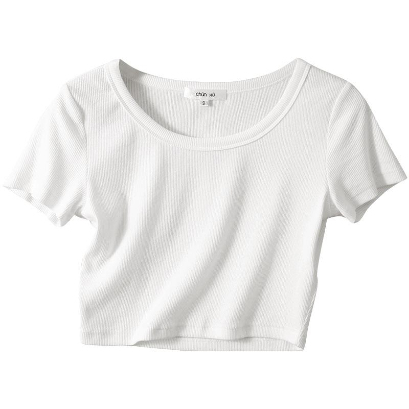 

Женская летняя футболка в рубчик из эластичного хлопка, облегающая, для танцев и спорта Medium белый