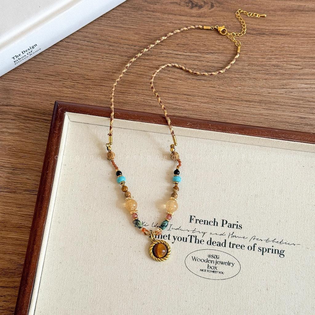 Maillard Tiger's Eye Stone Pendant Necklace Women's Light Luxury Temperament Beaded Clavicle Chain Niche