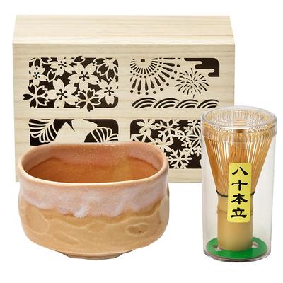 Conjunto de presente de tigela de matcha Mino ware em madeira flor de cerejeira, aproximadamente batedor de matcha Yamakatsu Mino Pottery Feito em caixa, esmalte cozido em forno, rosa, 550ml,
