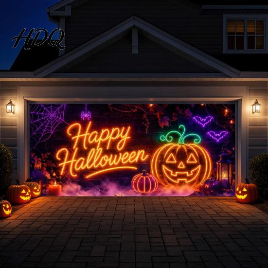 Large Spooky Holiday Banner Halloween Garage Door Banner Pumpkin Ghost Spider Web Patterns Yard Flag Polyester Festive Wall Sign for Party