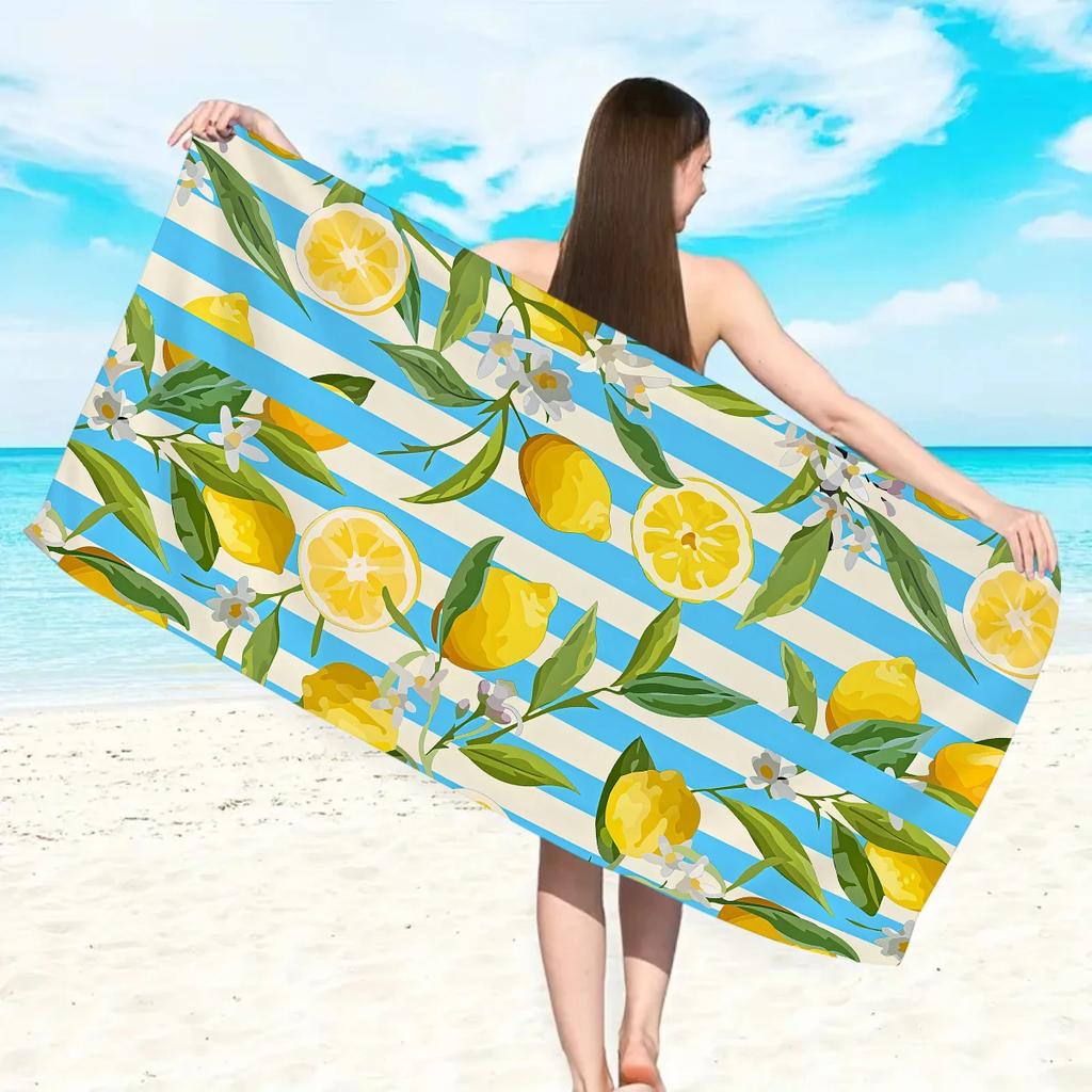 Lemon Citrus Print Beach Towel, Microfiber Soft Absorbent Quick Dry, Oversized for Beach Pool Travel, Summer Fruit Bath Towel