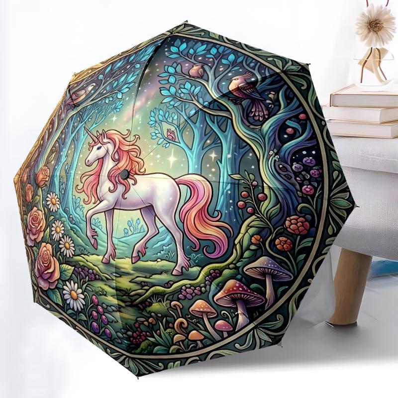 1pc Sturdy 8-Bone Auto Umbrella, Dreamy Forest Unicorn Umbrella, Digital Printed, Foldable Umbrella for On-the-Go Outdoor Use
