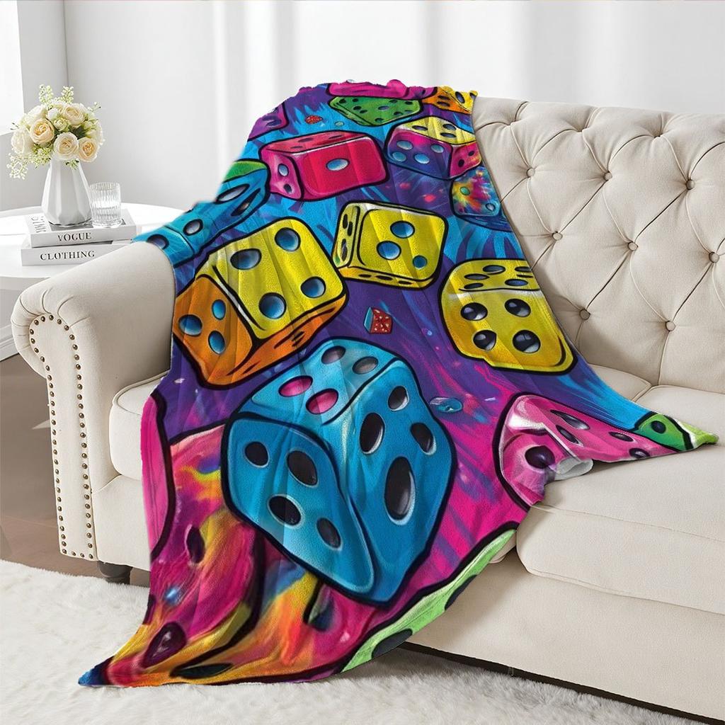 Bunte Würfel-Print Flanell-Kuscheldecke – Lustiges Geschenk für Gamer für Home Office Sofa Auto Nickerchen
