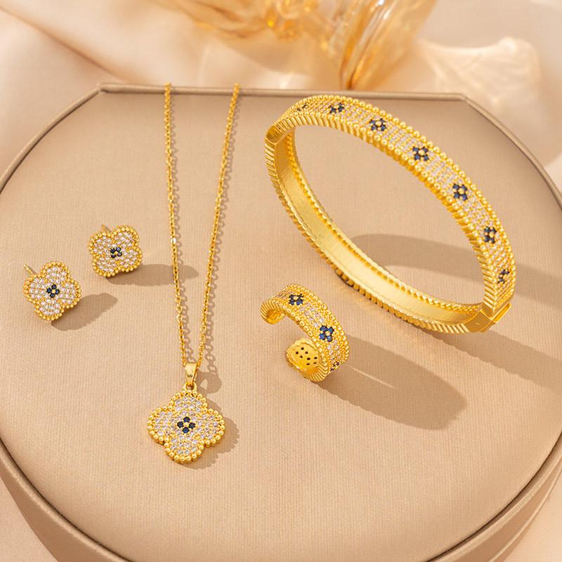 Zircon-embellished Titanium Steel Four-leaf Clover Necklace High-end Women s Earrings Pendant Ring Jewelry