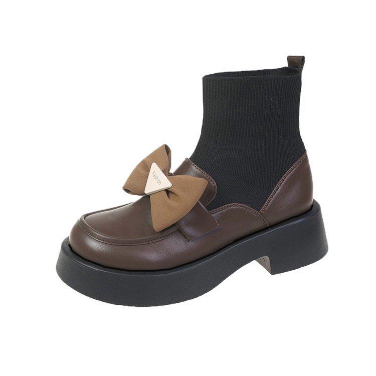 

Платформенные ботинки Мартин женские ботинки-носки в британском стиле, маленькие кожаные туфли, новые тонкие короткие ботинки весна и осень 2025, любовь 40 коричневый