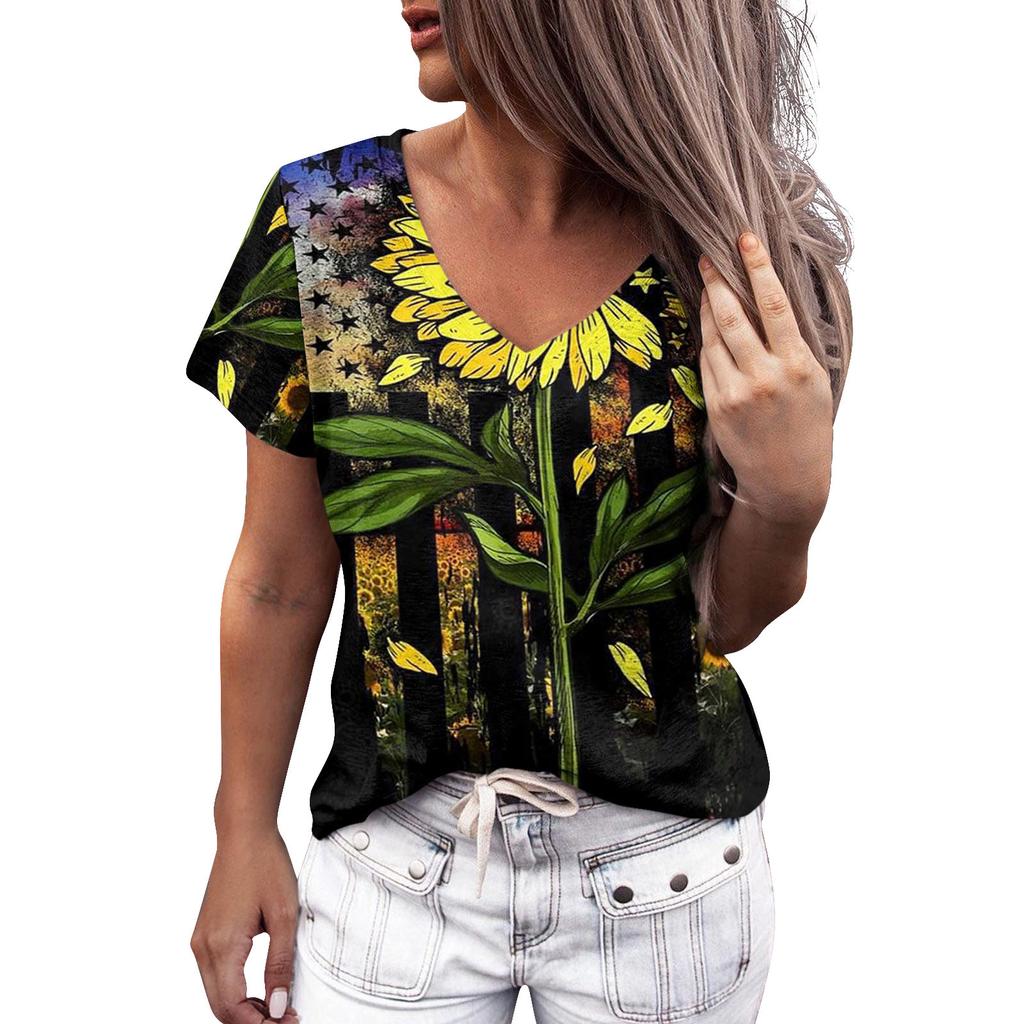 Summer Women Floral Print V Neck Short Sleeve Loose 3D T Shirt