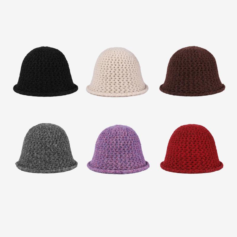 Autumn Winter Knitted Bucket Hat Women's Curling Imitation Hand Hook Hollow Fisherman Hat Warm Ear Protection Basin Hat