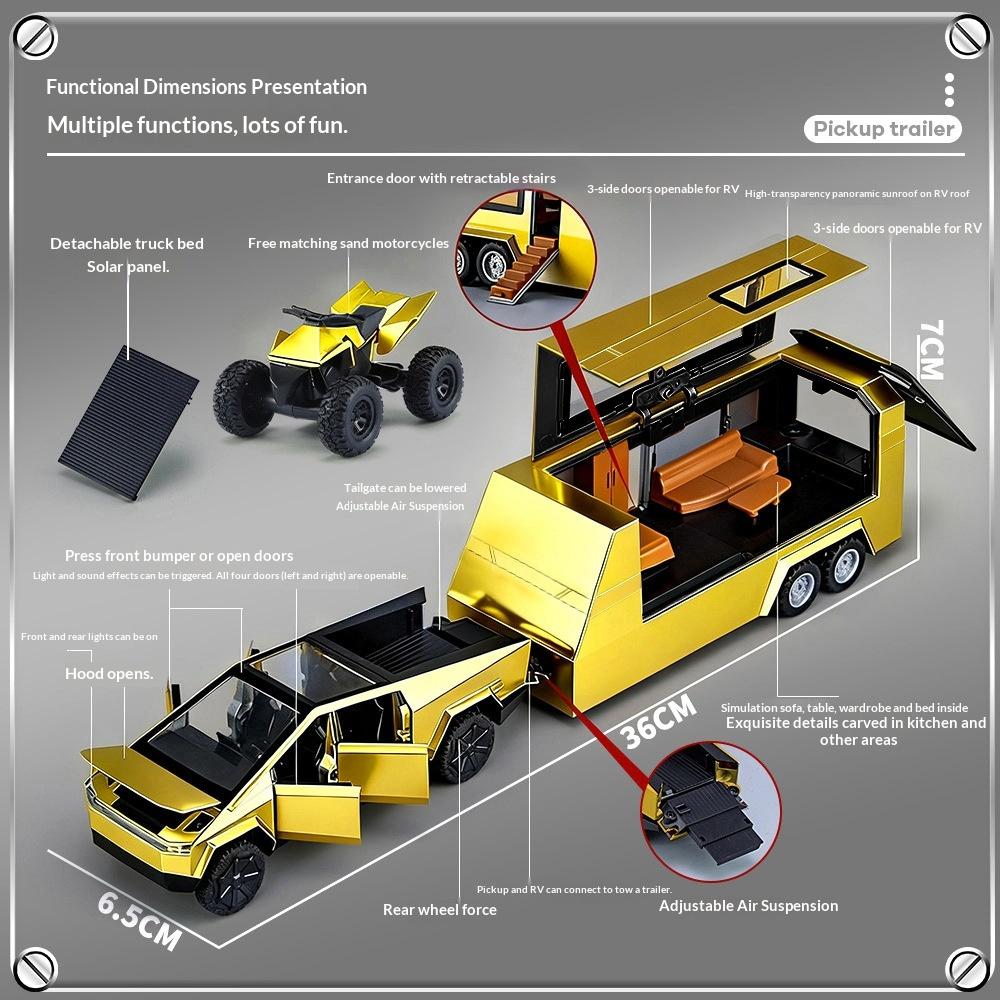 1:32 Tesla Cybertruck Camper Gold-Color Set - Pull-Back & Sound/Light Alloy Model, Collector‘s Showpiece