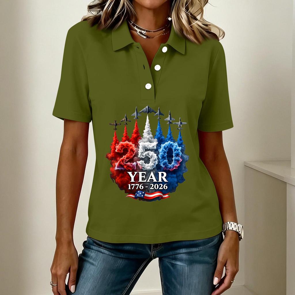 Women's Casual Button Front Short Sleeve Polo Shirt 250th Anniversary Patriotic Print Independence Day T-Shirt Top for Summer