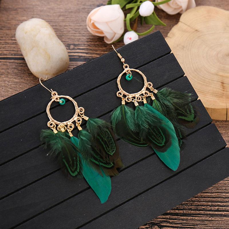 

Bohemian Ethnic Purple Feather Earrings for Women Creative Simple Round Beads Gold Color Metal Dangle Earrings Boho Bijoux Femme зелёный