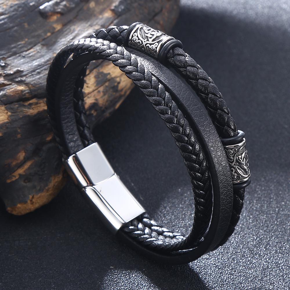 Men's Handmade Leather Bracelet with Cowhide Rope & Alloy Magnetic Buckle