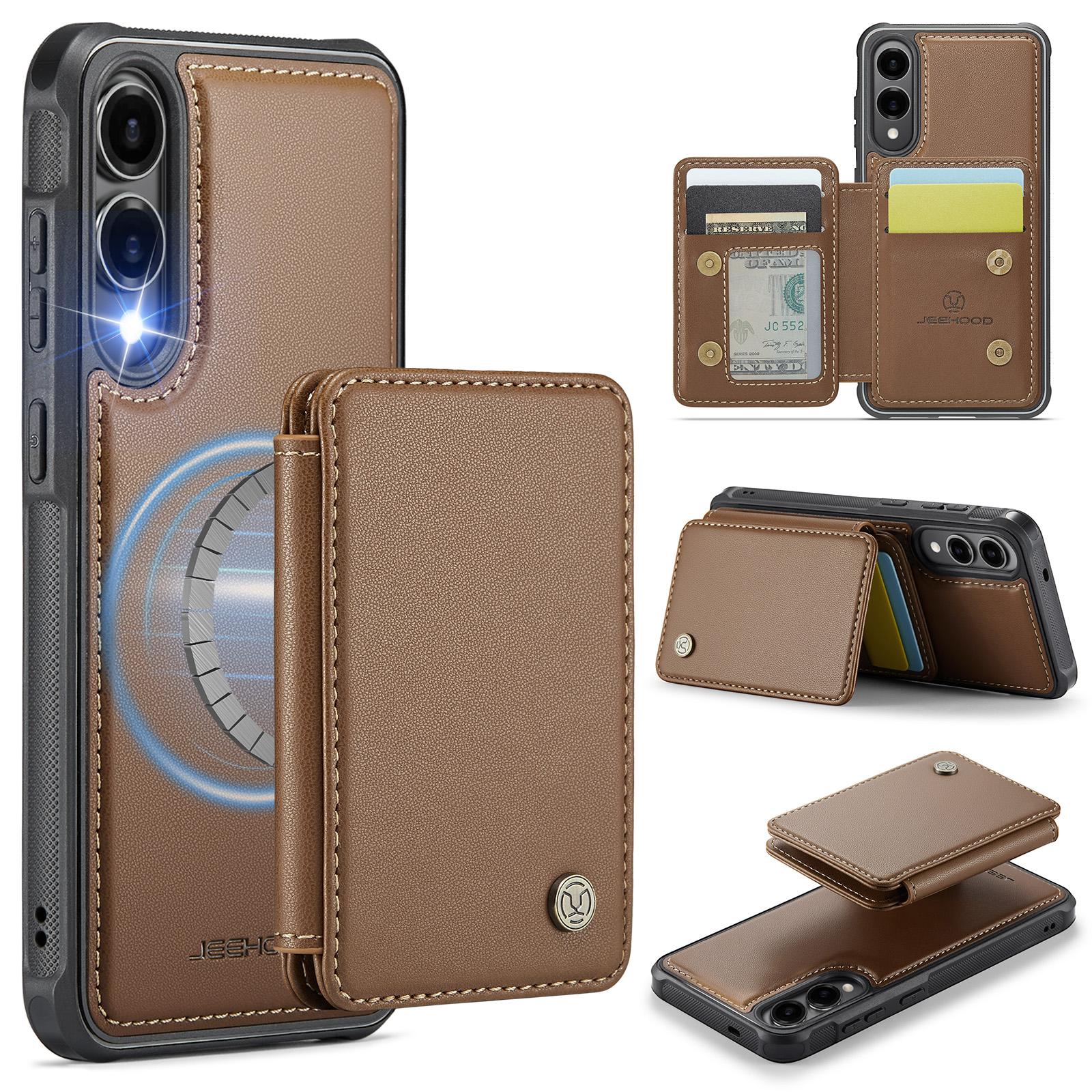 

For Samsung Galaxy S25 Edge Case JEEHOOD J05 Leather Mobile Cover with Detachable Magnetic Card Bag Brown