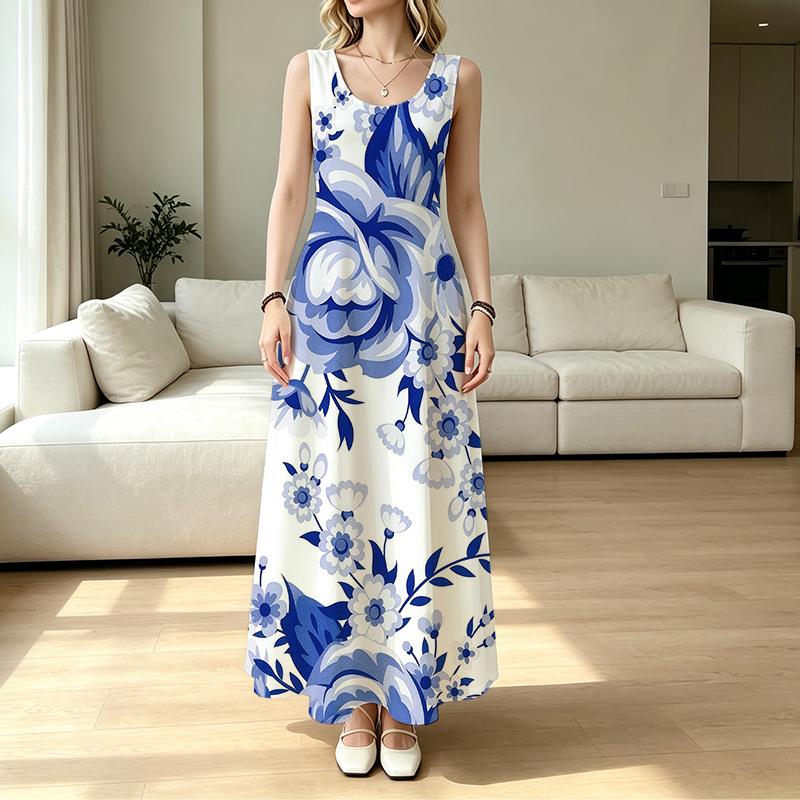 Sleeveless Blue & White Floral Maxi Dress Versatile for Loungewear & Outerwear,Comfy Fabric,Elegant & Stylish,Ideal for Vacation,Travel & Photoshoots