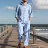 Men's Spring   Casual Linen Beach Hooded Shirt Long-sleeved Trousers Suit