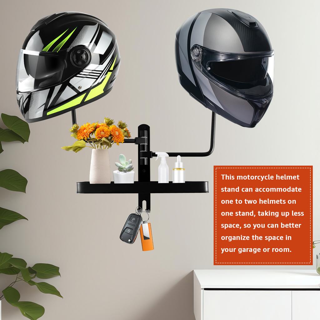 Motorcycle Helmet Rack Wall Mount Bike Helmet Holder 180 Degree Rotation Space Aluminum Hanger with Hook for Keys Hats Helmets